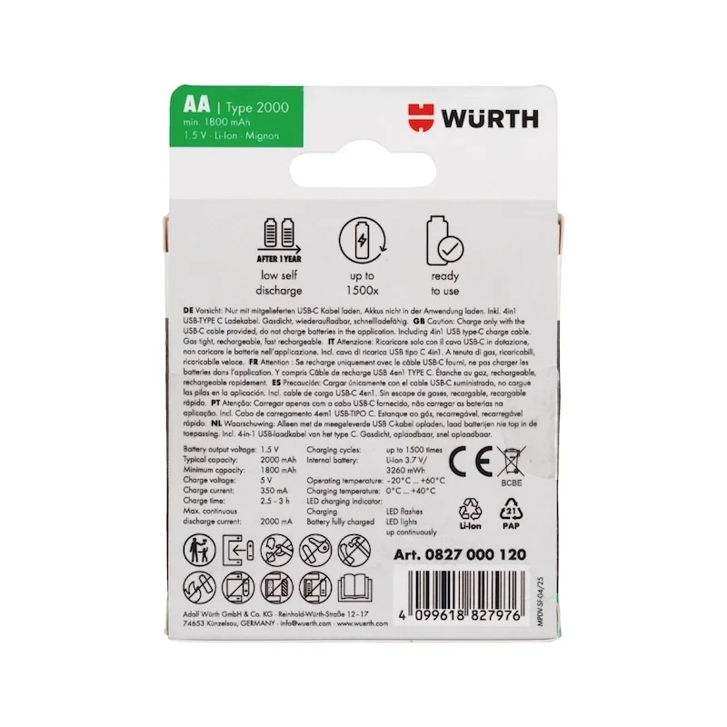 PAKRAUNAMŲ AA DYDŽIO AKUMULIATORIŲ RINKINYS 1,5V 1800mAh 4 VNT.